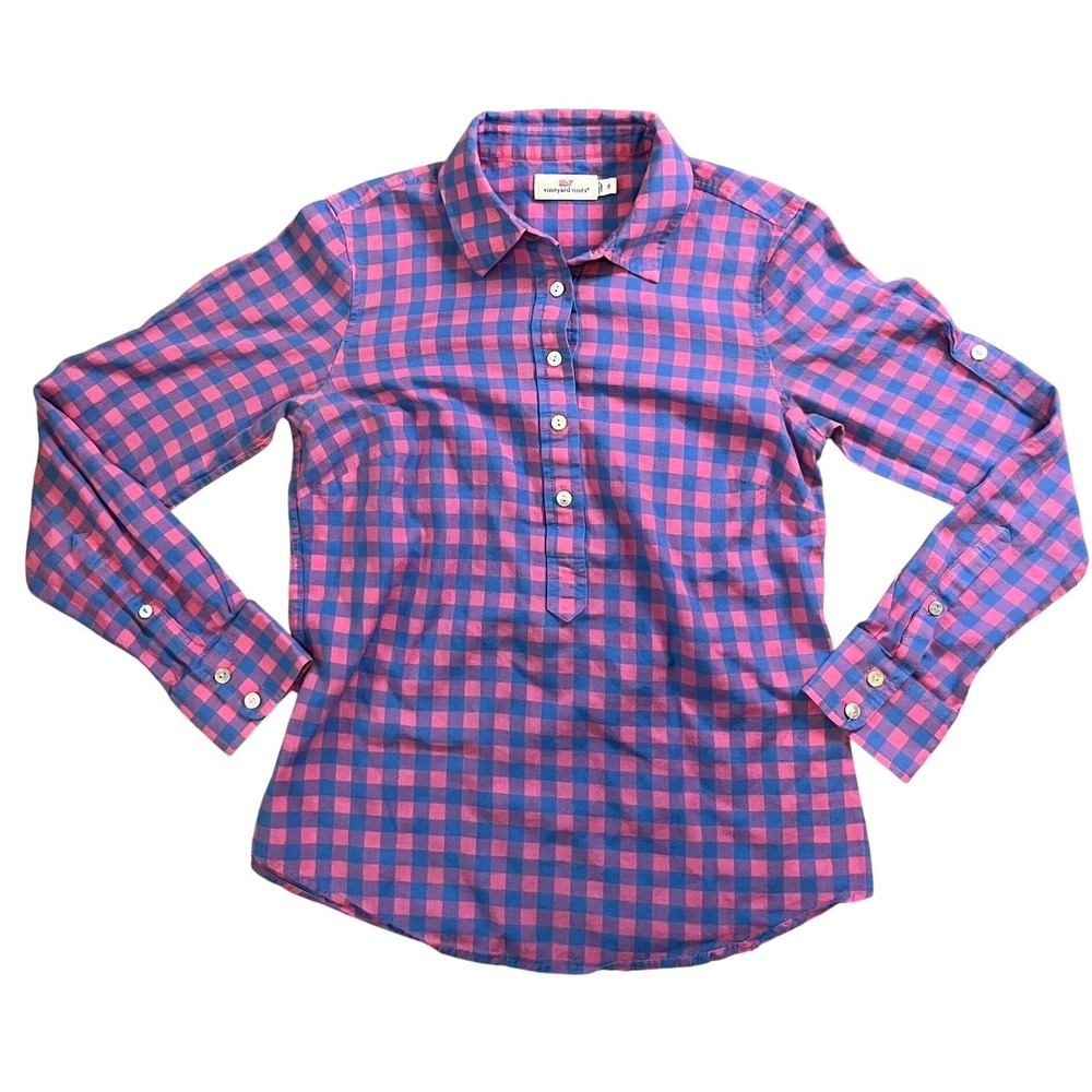 Vineyard‎ Vines Womens Pink Blue Gingham Plaid Button Pullover Shirt Size 0 EUC